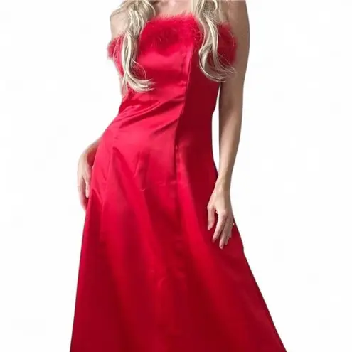 Y2K Red Satin Marabou trim Feathered Dress