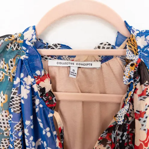 Collective Concepts Womens Blouse Size S Multicolor Long Sleeve Floral Patchwork Boho Artsy Flowy