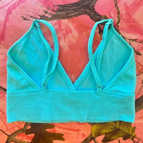 neon bright blue teal v neck ribbed sports bra