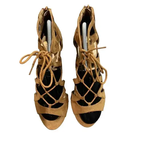 Fergalicious By Fergie Suede Lace-Up Cut-Out Details Peep Toe Heels Size 9.5