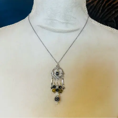 Handmade Handcrafted chandelier cat eye dragon vein larvikite crystal pendant necklace