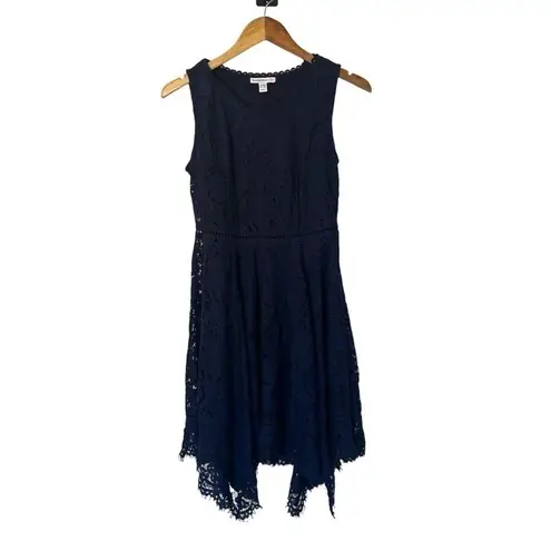 Isaac Mizrahi Navy Blue Floral Lace Handkerchief Hem Midi Dress Sz XXS