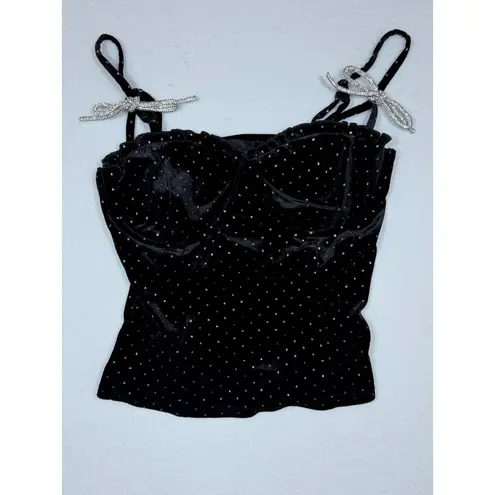 Lulus  Black Velvet Rhinestone Bow Bustier Top Corset Sparkle Party Size M