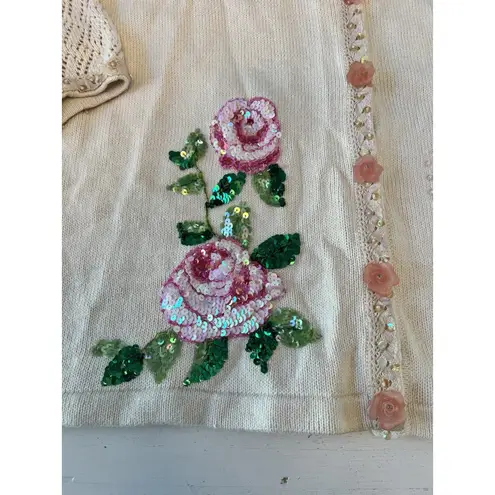 Vtg Storybook Knits 3x Floral Sequin Cardigan Sweater Cream Open Knit Sleeves Tan Size undefined