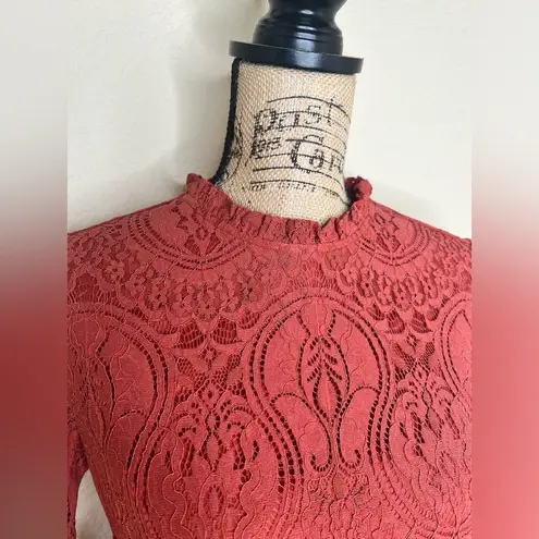 Molly Bracken Terracotta Rust Lace Tiered Dress with Sheer Sleeves Size M
