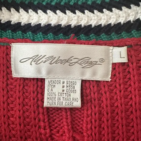 Vintage Tennis Preppy Cableknit Cardigan Sweater Red Blue Green White Size Large