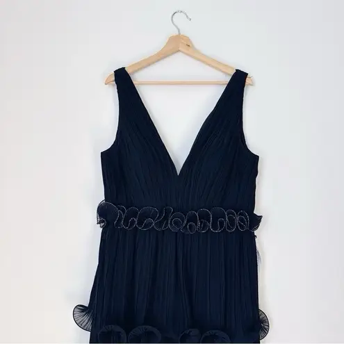 Mac Duggal Woman's Pleated Ruffle Tiered Plunge Back Detail Deep V-Neck Maxi