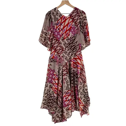 Rabbit Rabbit Rabbit Geometric Chiffon Asymmetrical Handkerchief Hem Midi Dress Pink Size 14