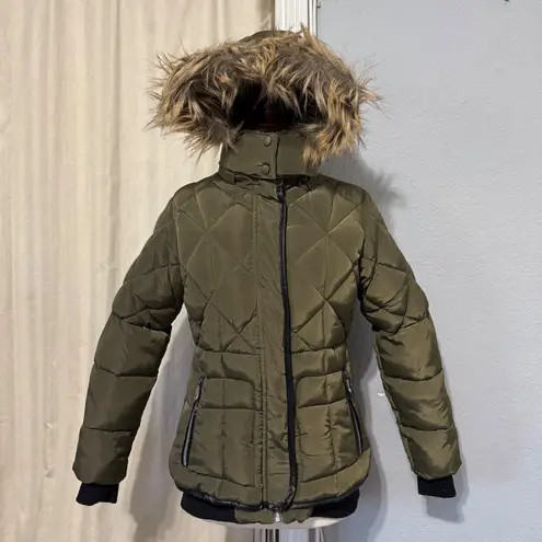 Weatherproof Olive Green Quilted Puffer Jacket Faux Fur Trim Hood Women's Sz L