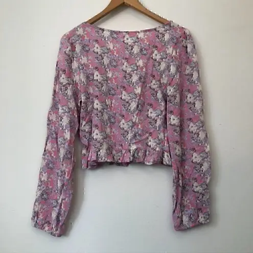 Abound NEW NWT  Cinched Floral Blouse Pink Cream Blue Long Sleeve Crop Top Medium