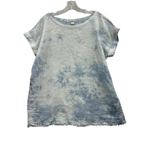 Magaschoni Women's Linen Top Frayed Hem Blue Tie Dye Casual Summer Size M
