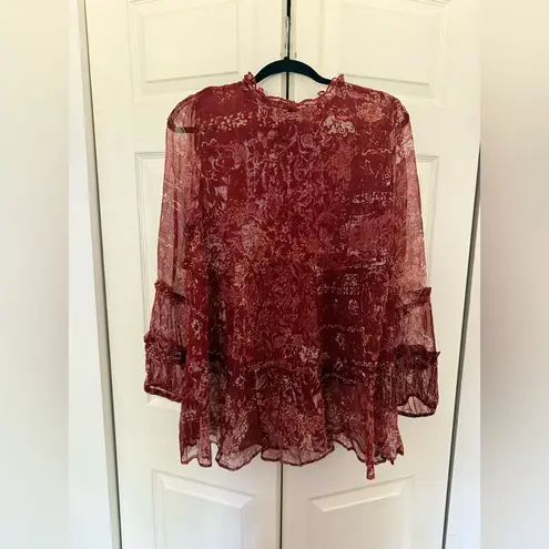 Soft Surroundings Bailletta Blouse Cabernet Flowy Boho Long Sleeve Top Medium