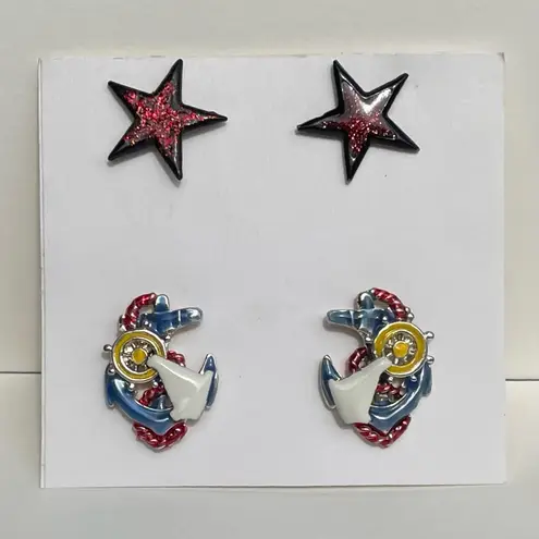 Vintage Signed “MJ" Marie Jennifer Nautical Sailboat Earrings with Star Earrings Red