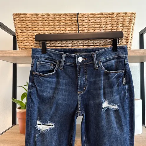 Silver Jeans Silver Elyse Skinny Mid-Rise Factory Distressed Dark Wash Ankle Jeans, 27