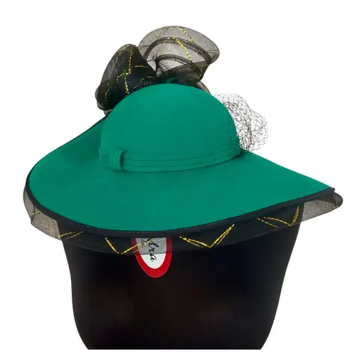 Sandra of New York Hunter Green Wool Black Tulle Gold Vintage Hat 17" W Brim NWT