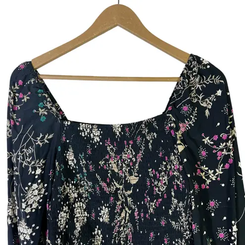 Lovestitch Floral Smocked Square Neck Blouse Womens S Black Ruffle Cottagecore