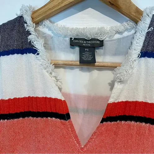 Chelsea & Theodore Woven Striped Fringe Trim Shift Dress 100% Cotton Size SP Blue