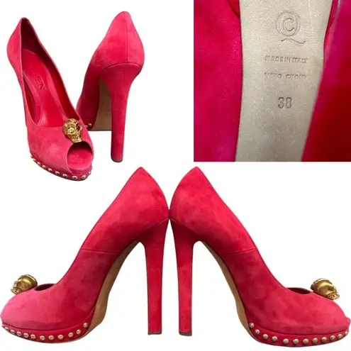 Alexander McQueen AUTHENTIC RED PUMPS HEELS CRYSTAL SKULL SUEDE RARE US 8/38