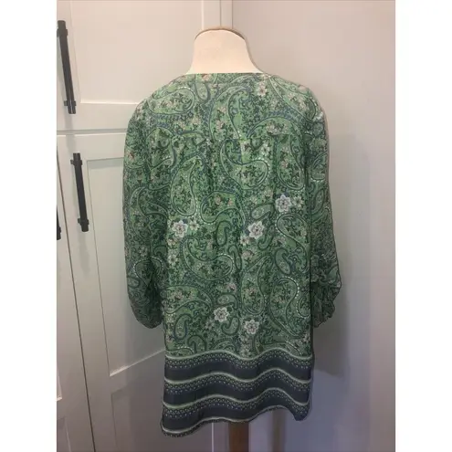 kim rogers  Women Green Blue Paisley Floral Long Sleeve Blouse XL