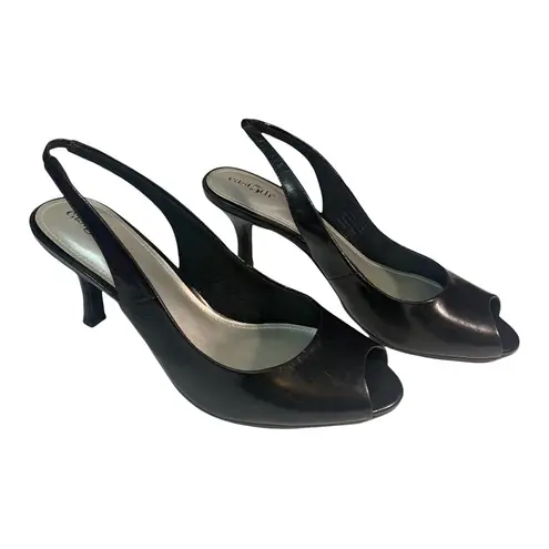 East 5th NWT Sicily black slip on peep toe leather heels