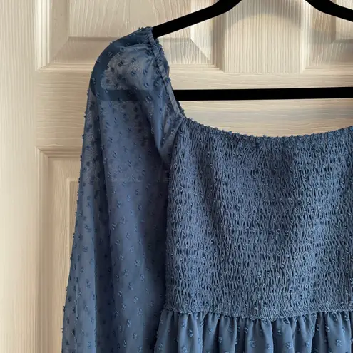 Navy Blue Swiss Dot Midi Dress Tie Back Square Neck Long Sleeve Ruffle Hem 0