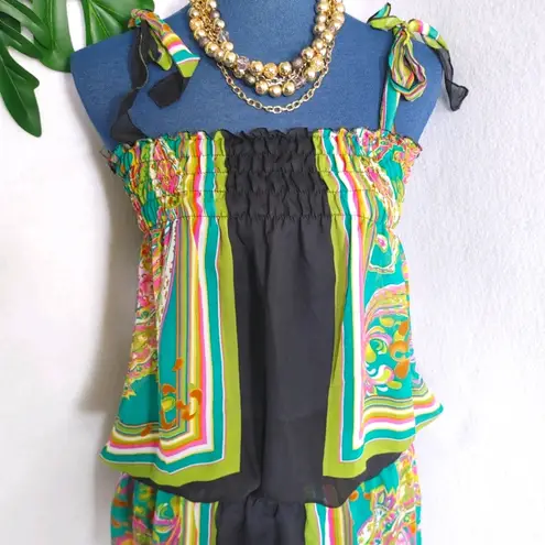 Vintage Sheer Scarf Tiered Blouse Top Green