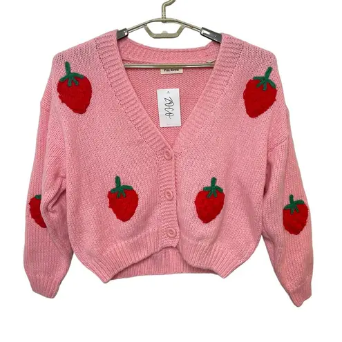 NWT Zoco Pink Ripple Pink Strawberry Knit Cardigan Sweater V