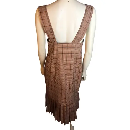 Vintage Min Woo Style Plaid Jumper Wrap Dress Brown Check Midi Pleated Medium