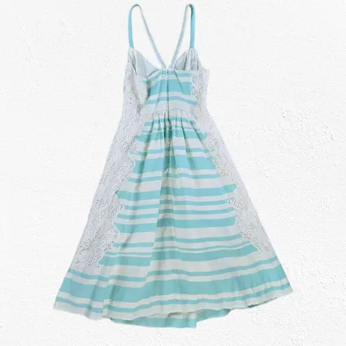 Moulinette Soeurs Blue White Striped Lace Inset Fit & Flare Midi Dress Size 6