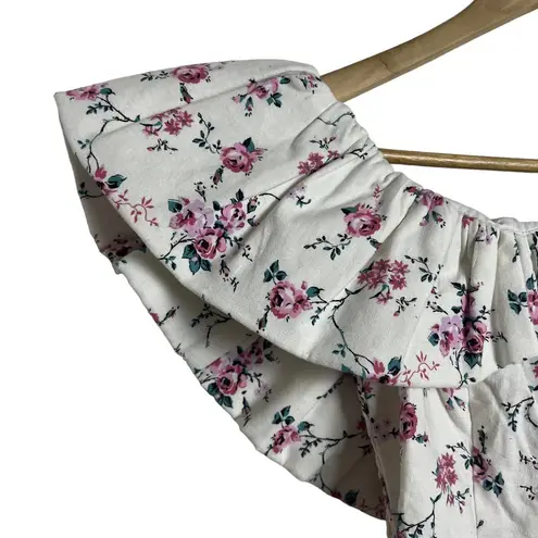 LPA White Floral Print Ruffled Off the Shoulder Linen Smocked Top Size XS