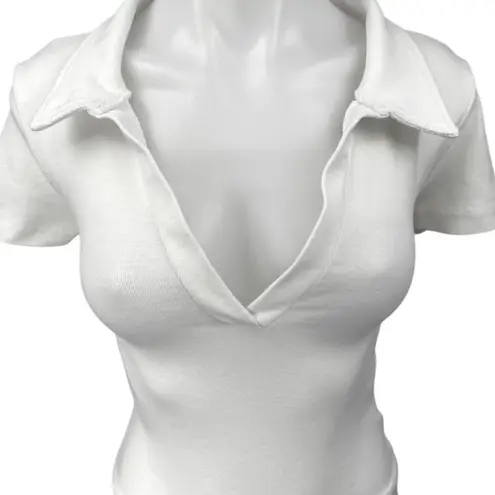 Missguided White Short Sleeve Collar V-Neck Cutout Tie Back Bodysuit Polo Top 6