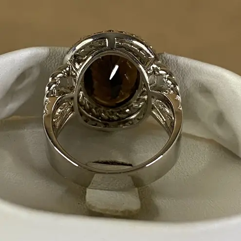 Smoky Quartz Sterling Silver Ring w/ White Zircon Halo Statement Cocktail Sz 9 Brown