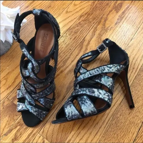 Schutz Fallon Gunmetal Sequin Strappy Stiletto Heels 7