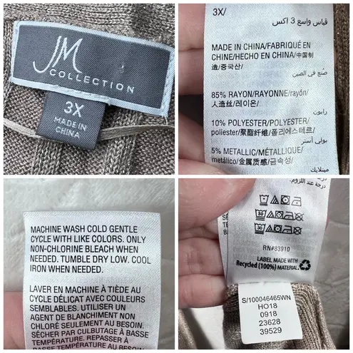 JM Collection Metallic Beige Ribbed Open Cardigan Duster Longline Pockets 3X