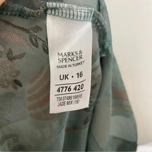 Marks & Spencer Top 100% Silk Abstract Art To Wear Floral Bird Scoop Neck Green Size L