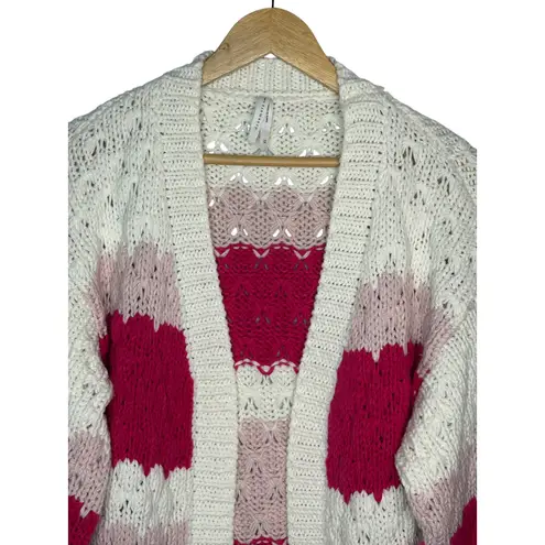 Dreamers by Debut Cardigan Sweater Pink White Striped Chunky Knit Open Size XL
