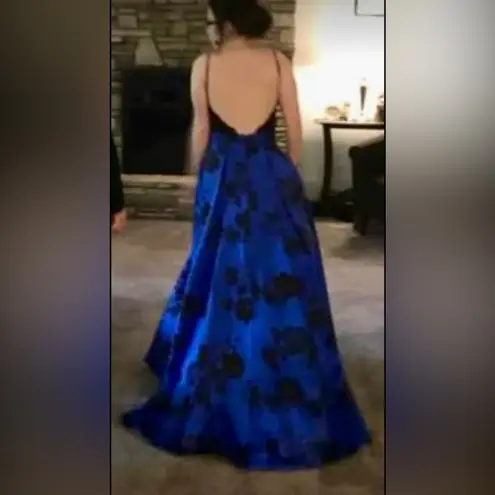 Formal Maxi Dress Women Size 4 Blue Floral Black Lace Pockets Open Back Zip Gown