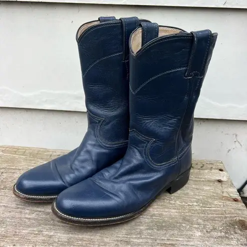 Justin Boots Vintage 90s Justin Roper Navy Blue Cowgirl Western Pull On Leather Boots 6 1/2B