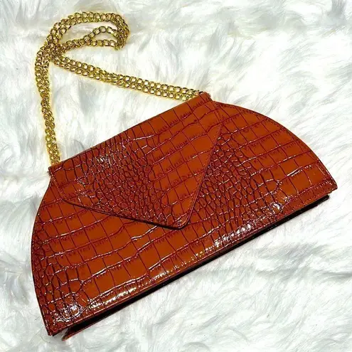 Joy & Iman Orange Crocodile Embossed Bag with Gold shoulder strap B91 Brown