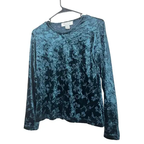 Petite Sophisticate Vintage  Green Velvet Semi‎ Sheer long Sleeve Top Size S