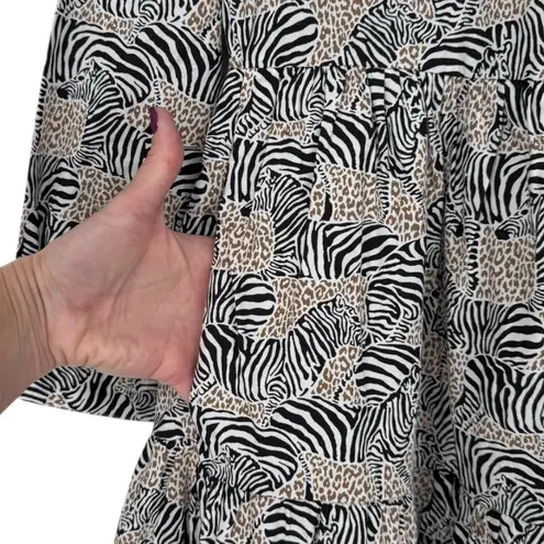 J.Crew Animal Print Novelty Zebra Leopard Long Sleeve Tiered Mini Dress Size XS Black