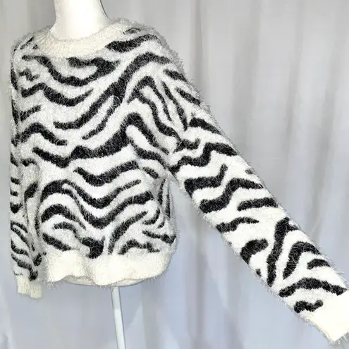 Hooked Up New Zebra Striped Fuzzy Knit Crewneck Sweater White Black