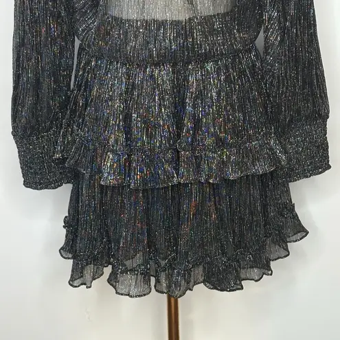 MISA Los Angeles Katia Black Silver Sheer Bodice Ruffled Mini Dress Womens Small