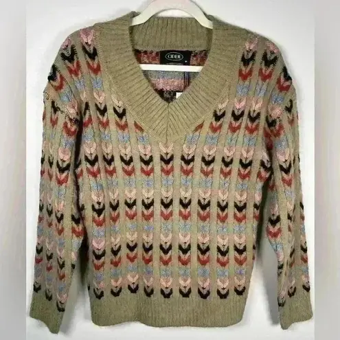 Cider NWT Sweater Arrow Striped Cozy Soft Fuzzy Boho V-Neck Pullover Size M