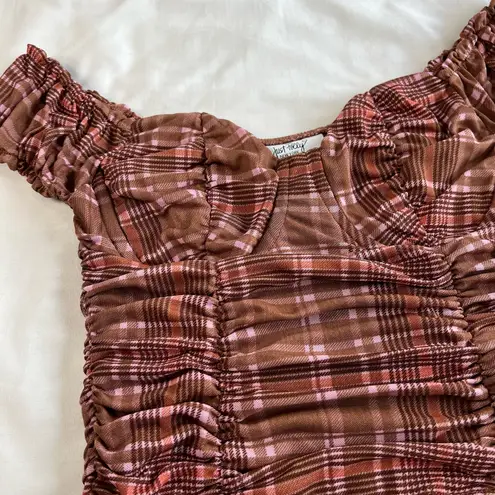 Marvel Just Polly Small Off-Shoulder Brown Plaid Bustier Crop Top Lined