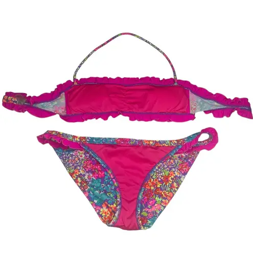 Victoria's Secret Victoria’s Secret Swim 𑁍 Floral Ruffle Bandeau 2 Piece Bikini Set 𑁍 Fuchsia M