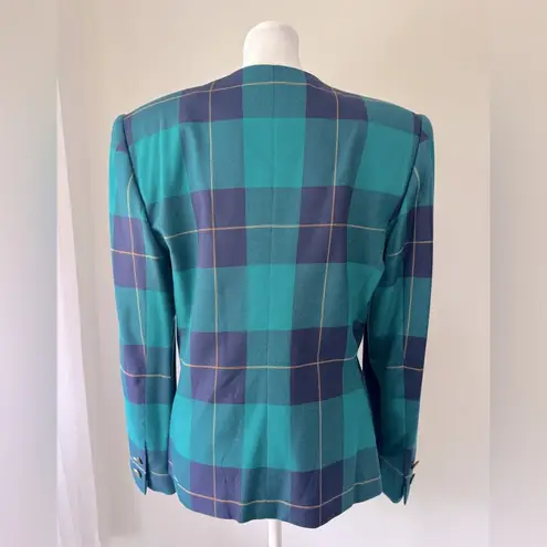 Vintage ‘90s Sassco Teal & Navy Blue Plaid Collarless Single Breasted Blazer Size M