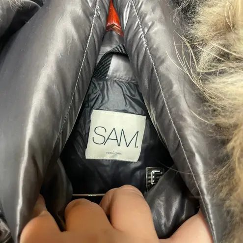 SAM. Women metallic silver millennium knee length puffer down coat fox fur sz S