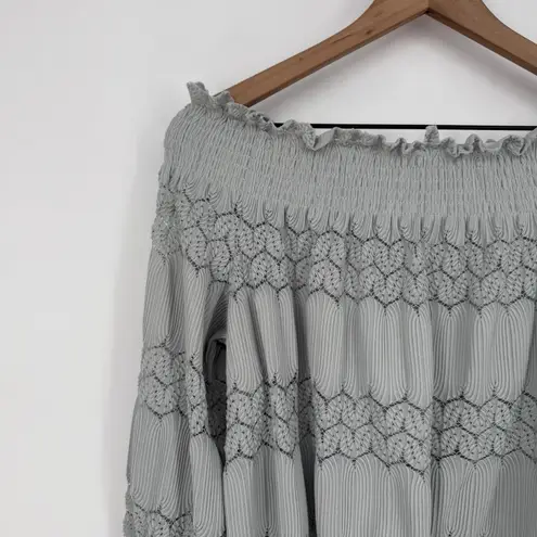 Womens Off Shoulder Smocked Lace Trimmed Blouse Long Sleeve Light Blue Size L Gray