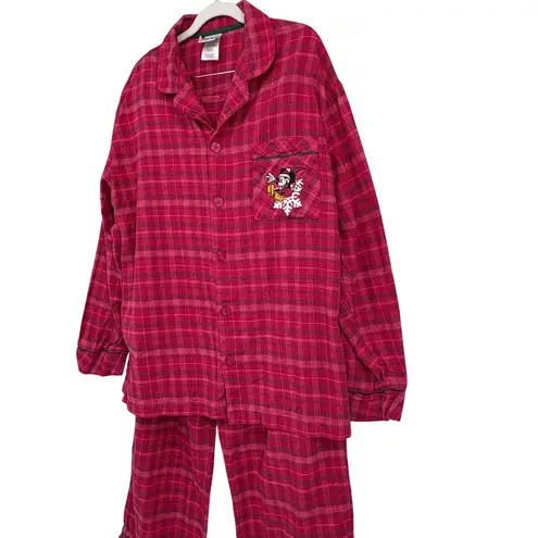 Disney Mickey Mouse Plaid Flannel Pajama Set Women's Size Large Red Sleepwear